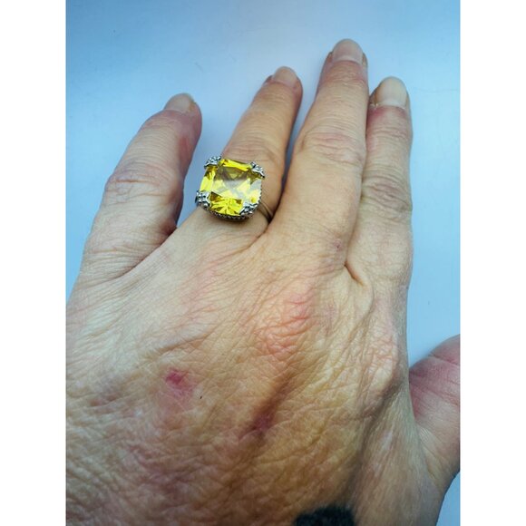 Vintage Style Yellow Cubic Zirconia Ring Sterling Silver 925 Size 6.75 Filigree - Picture 7 of 11